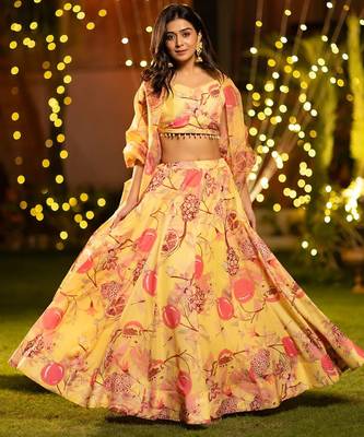 Digital Print Shiney Satin SemiStitched Lehenga Choli With Unstitched Blouse and Orgenza Dupatta 2