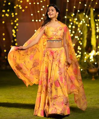Digital Print Shiney Satin SemiStitched Lehenga Choli With Unstitched Blouse and Orgenza Dupatta 3