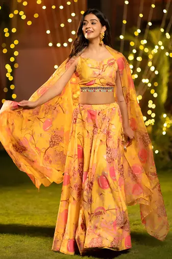 Digital Print Shiney Satin SemiStitched Lehenga Choli With Unstitched Blouse and Orgenza Dupatta
