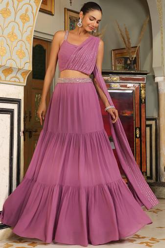 Lavender Georgette Embellished Tiered Ready To Wear Lehenga Choli Set