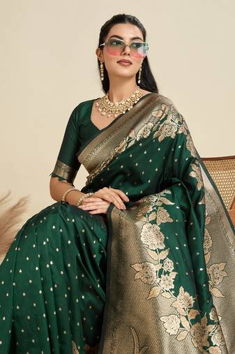 Dark Green Kanjivaram silk blend Two-Tone Zari Weaving Saree 