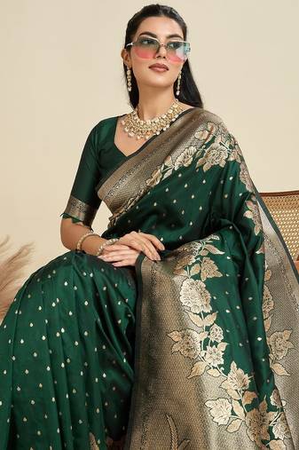 Dark Green Kanjivaram silk blend Two-Tone Zari Weaving Saree 
