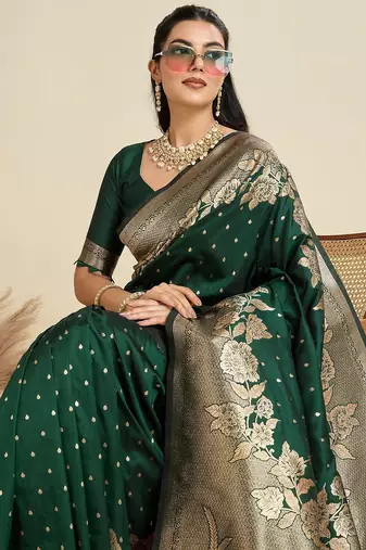 Dark Green Kanjivaram silk blend Two-Tone Zari Weaving Saree 