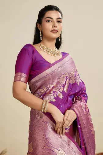 Purple Kanjivaram silk blend Two-Tone Zari Weaving Saree 