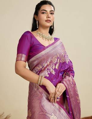 Purple Kanjivaram silk blend Two-Tone Zari Weaving Saree  1