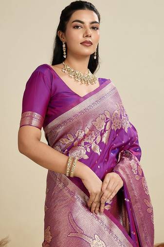 Purple Kanjivaram silk blend Two-Tone Zari Weaving Saree 