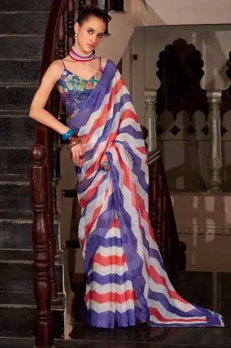 Blue muslin leheriya printed cotton saree