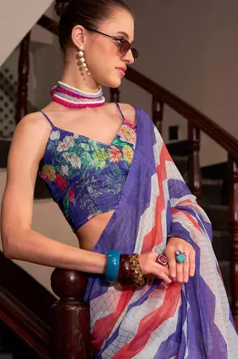 Blue muslin leheriya printed cotton saree