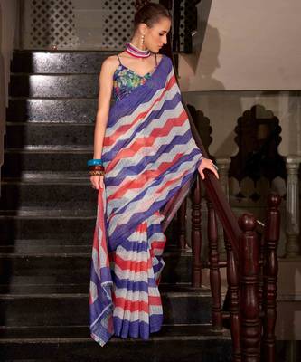 Blue muslin leheriya printed cotton saree 3