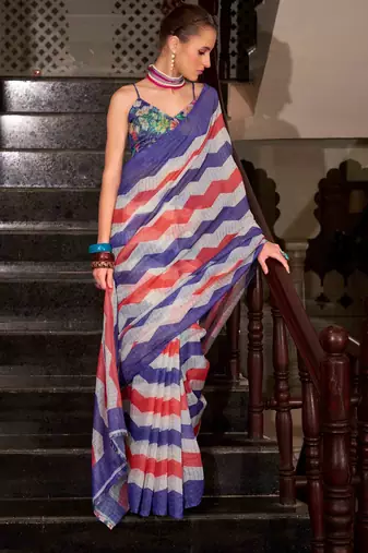 Blue muslin leheriya printed cotton saree