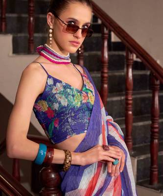 Blue muslin leheriya printed cotton saree 4