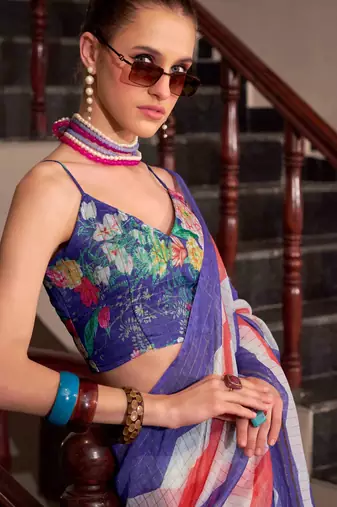 Blue muslin leheriya printed cotton saree