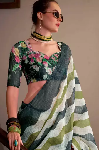 Green muslin leheriya printed cotton saree