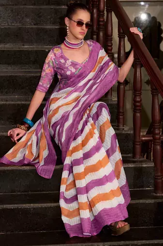 Violet muslin leheriya printed cotton saree