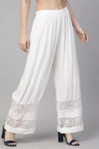 Hand embroidered pearl white rayon lucknowi chikankari palazzo