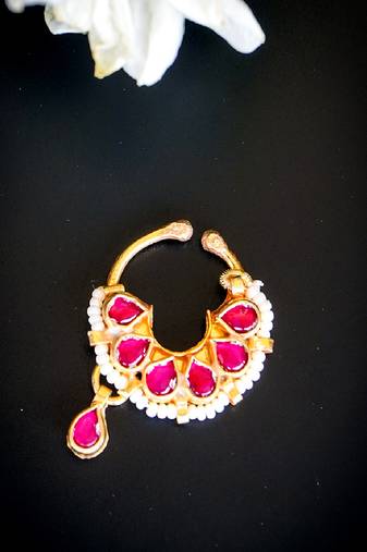Royal half-hoop nath with ruby stones & pearl detailing