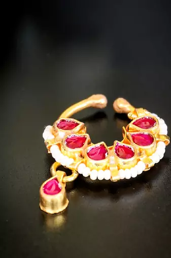 Royal half-hoop nath with ruby stones & pearl detailing