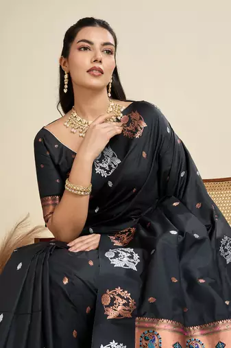 Black Paithani silk blend Zari Weaving Saree 