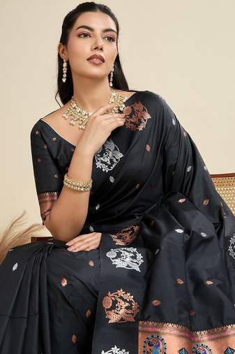 Black Paithani silk blend Zari Weaving Saree 