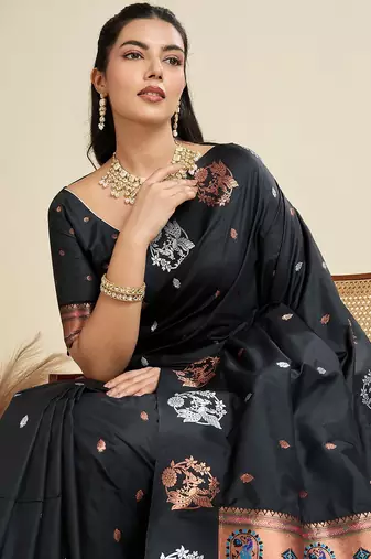 Black Paithani silk blend Zari Weaving Saree 