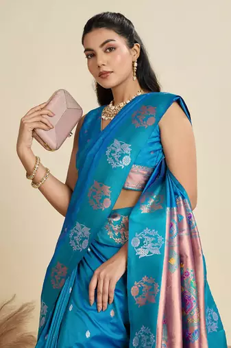 Blue Paithani silk blend Zari Weaving Saree 
