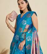 Blue Paithani silk blend Zari Weaving Saree 
