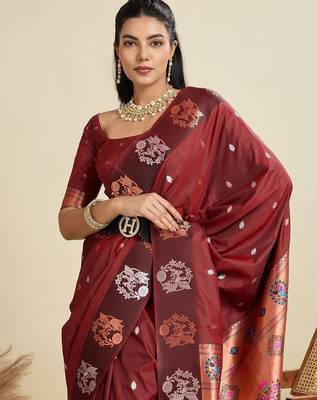 Brown Paithani silk blend Zari Weaving Saree  2