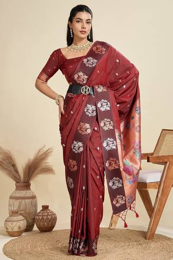 Brown Paithani silk blend Zari Weaving Saree 