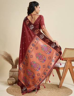 Brown Paithani silk blend Zari Weaving Saree  3