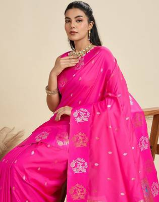 Hot Pink Paithani silk blend Zari Weaving Saree  1