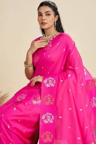 Hot Pink Paithani silk blend Zari Weaving Saree 