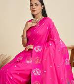Hot Pink Paithani silk blend Zari Weaving Saree 