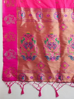 Hot Pink Paithani silk blend Zari Weaving Saree  5