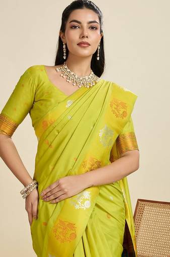 Pear Paithani silk blend Zari Weaving Saree 