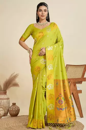 Pear Paithani silk blend Zari Weaving Saree 