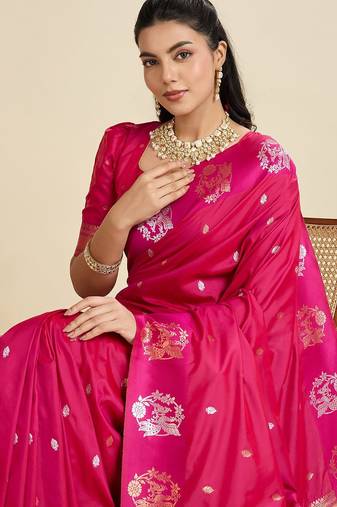 Rani Pink Paithani silk blend Zari Weaving Saree 