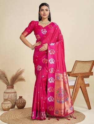 Rani Pink Paithani silk blend Zari Weaving Saree  2