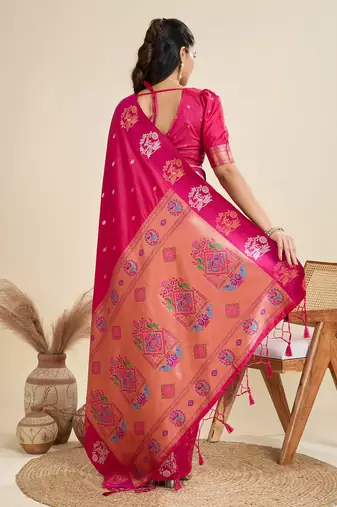 Rani Pink Paithani silk blend Zari Weaving Saree 
