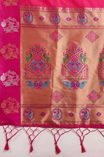 Rani Pink Paithani silk blend Zari Weaving Saree 