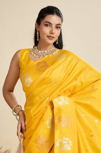 Yellow Paithani silk blend Zari Weaving Saree 