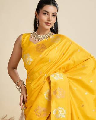 Yellow Paithani silk blend Zari Weaving Saree  1