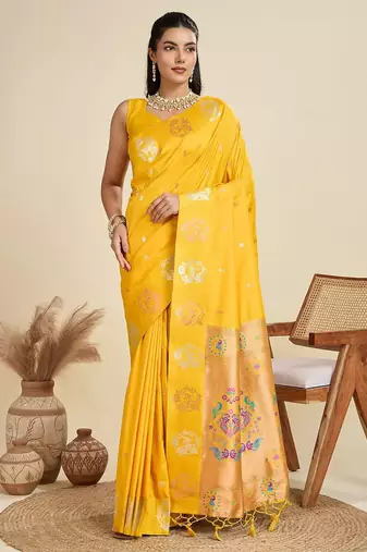 Yellow Paithani silk blend Zari Weaving Saree 