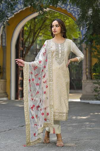 Women off white silk blend solid embroidered straight kurta trousers with dupatta