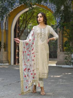 Women off white silk blend solid embroidered straight kurta trousers with dupatta 1