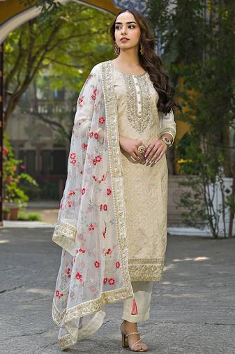 Women off white silk blend solid embroidered straight kurta trousers with dupatta