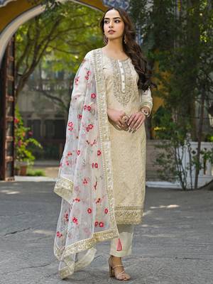 Women off white silk blend solid embroidered straight kurta trousers with dupatta 2