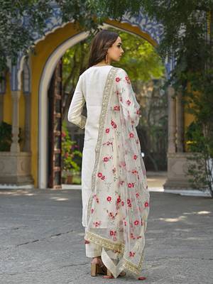 Women off white silk blend solid embroidered straight kurta trousers with dupatta 4