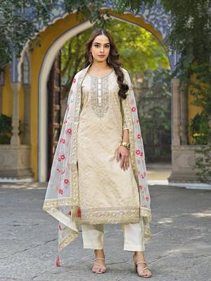 Women off white silk blend solid embroidered straight kurta trousers with dupatta 5