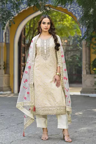Women off white silk blend solid embroidered straight kurta trousers with dupatta