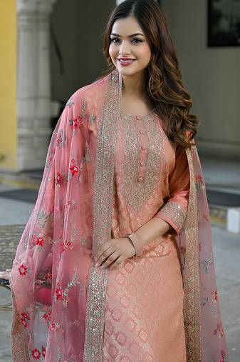 Women peach silk blend solid woven design straight kurta trousers with dupatta